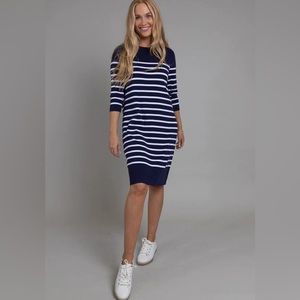 HUT NWT Bianca knitted sweater dress navy white stripes 3/4 sleeve knee length